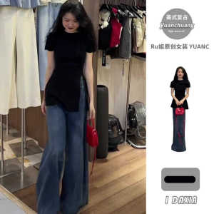 Top-Selling Product Fashion Summer Cool Black Bows Shoelace Slit Knitted Vest Female Cinched Slimming Short Sleeves Tops