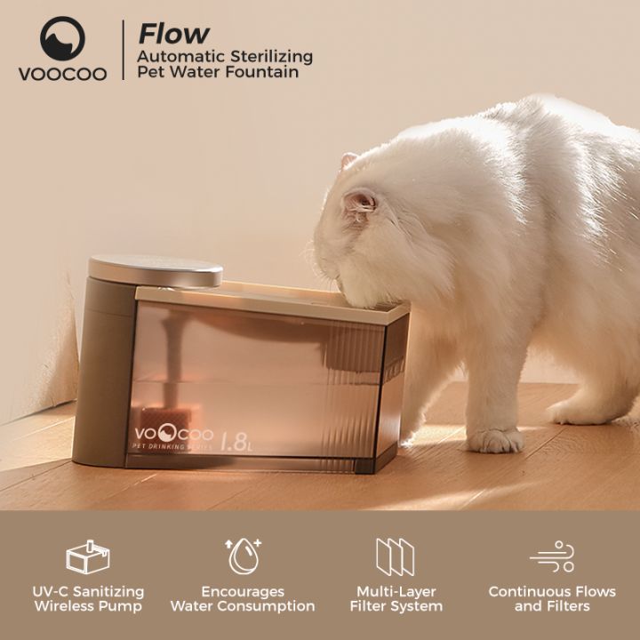 VOOCOO Flow Automatic Sterilizing Pet Water Fountain, 1.8L Cat Drinking Water Fountain Water Feeder Automatic, Pet Water Dispenser for Dogs Cats with Ultra Quiet Wireless Pump