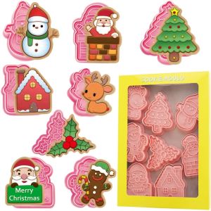 8 PCSChristmas Cookie Molds Christmas Dough Stamps Plastic 3D Cartoon Pressable Cookie Molds DIY Candy Baking Pastry  Decoration
