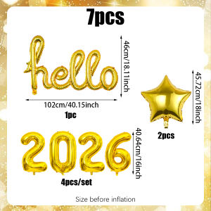 7PCS/set Hello 2026 Gold Foil Balloons Set Conjoined Letters & Numbers for New Year Party Decor Aluminum Holiday Celebration
