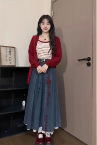 XUECAIQI | Stripe Halter Tank Top Polka Dot Elegant Knit Cardigan Jeans Skirt