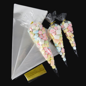50Pcs Clear Cone Transprant Plastic Candy Bag Food Snack Popcorn Packing Gifts Bags Wedding Birthday Party Decoration Supplies