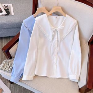 Áo Sơ Mi Cổ Búp Bê Thời Trang Có Thắt Lưng Cho Nữ Mùa Xuân Thu Mới Ngọt Ngào Thanh Lịch Áo Sơ Mi Dài Tay Màu Trơn Phong Cách Hàn Quốc