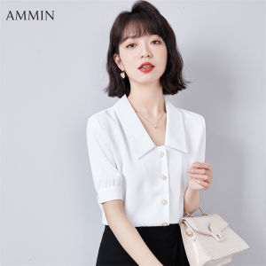AMMIN Áo Sơ Mi Trắng Công Sở Thường Nhật Tay Ngắn Cho Quý Cô Mùa Hè Mới Thời Trang Phong Cách Hàn Quốc Thiết Kế Khí Chất Cổ Áo Búp Bê Áo Voan