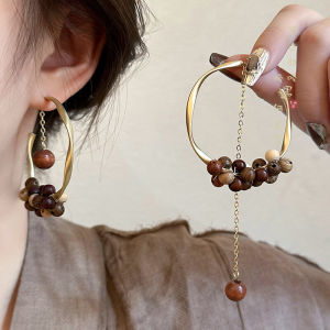 Retro Wooden C-Shaped Asymmetric Tassel Earrings Womens 2025 New Unique Ear Studs Exaggerated National Style Hoops Earring