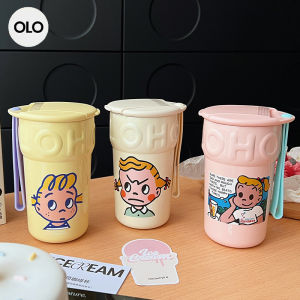 ถ้วยกาแฟลาเต่กันความร้อนแบบถือได้ดีไซน์เก๋ไก๋ ด้านในทำจากเซรามิก ถ้วยน้ำสแตนเลสแบบถือได้ ถ้วยน้ำแบบถือได้ 390ml