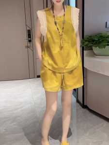 Shalldoer | ชุดเสื้อเชิ้ตแขนสั้นผ้าลูกไม้และกางเกงขาสั้นเอวสูง ชุดสองชิ้น แขนพอง ผ้าฝ้ายผสม ฤดูร้อน 2025 สำหรับผู้หญิง