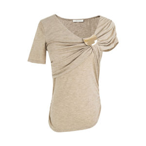 Elegant Design Slim Fit Cross Twisted Knitwear with Metal Button Short Sleeve