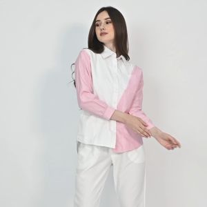 QUEENTIN Kemeja Comby Wanita 0312 Katun Woven Polos Kombinasi Polymicro Motif Salur Lengan Panjang