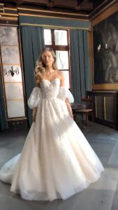 Floral Lace Wedding Dress Sweetheart Neckline Corset Back Detachable Sleeves Glitter Dress Strapless