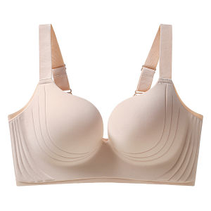Wireless Large Size Bra Young Womens Gathered Thin Cup Seamless Underwear Fixed Strap U-Shape Back Four Rows of Buckles Nylon