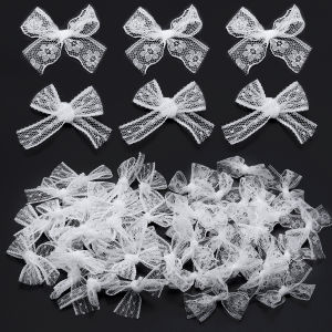 20pcs/lot Polyester Lace Mini Bows White Polka Dot Flower Pattern Satin Ribbon Bows For DIY Handcraft Hairpin Garment Decoration