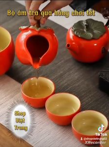 Bộ ấm chén trà quả hồng chất liệu sứ cao cấp màu cam xinh xắn dùng để pha trà quà tặng bạn bè người thân