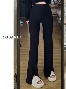 High Waist Wide Leg Casual Suit Pants for Women Elastic Slit Design Anti-Wrinkle Slimming Straight Cut Trousers Autumn Wear