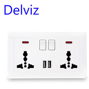 Delviz Wall 13A Power Socket+USB Global Universal 3 Hole UK Standard Switched Outlet 2.1A Dual USB Charger Port On-off Control