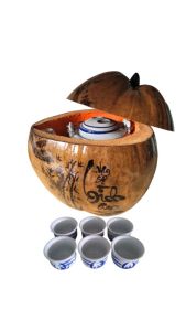 Bộ bình ủ trà trái dừa khắc chữ "Binh an" / Bình trà 04 - 09 lít / Giữ ấm 3 - 6 giờ / Sản phẩm sản xuất thủ công trứ danh xứ dừa Bến Tre