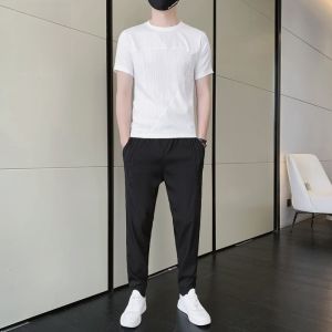 ROMON | Lomond Mens Ice Silk Casual Sports Set Summer Thin Round Neck Short Sleeve T-shirt Running Fitness Long Pants Two-piece