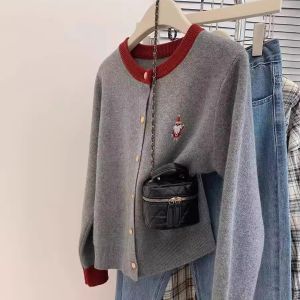 Christmas Woolen Knitted Open Cardigan Casual Loose Grey Sweater Top for Women Commute Style Long Sleeve round Neck Thickened