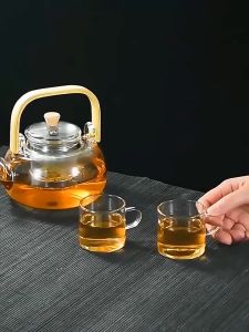 Wood Handle Glass Teapot 1000mL(34oz) Stovetop & Microwave Safe Teapot For Blooming Flower Tea and Loose Leaf Tea Maker Set (Clear)