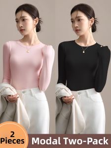 YAYANGREN | Pink Round Neck Turtleneck Top for Women Autumn Winter Innerwear Slim Fit Modal Long Sleeve