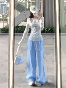 Quần Ống Rộng Kẻ Sọc Xanh Mùa Hè Cho Nữ Cạp Cao Quần Ống Rộng Thoải Mái Quần Dài Quần Ống Rộng Quần Dài Thường Ngày