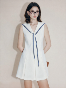 FAMANXUAN | French Style Bow Design Sailor Collar Sleeveless Acetate Dress