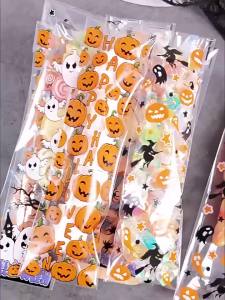 50/100Pcs Halloween Long Self-Sealing Flat-Bottom Candy Bags Moisture-Proof for Party Snack Pumpkin Ghost Spider Witch Decor