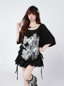 ENJOG American Style Spicy Girl Butterfly Print Show Clavicle Short Sleeve Womens Top Small Audience Design Summer T-shirt