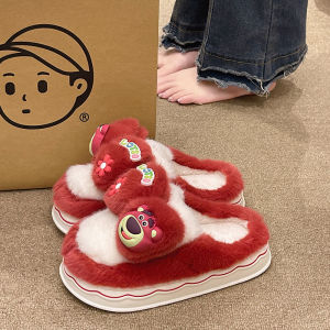 น่ารัก ดอกหมีแดง ผ้าฝ้าย รองเท้าแตะ ผู้หญิง ฤดูหนาว ก้นหนากลางแจ้ง กันลื่น บ้านในร่ม อุ่น รองเท้าแตะหรูหรา