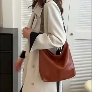 Vintage PU Leather Solid Color Women Fashion Shoulder Sling Bag High-Capacity Simple Adjustable Wide Strap Bucket Crossbody Bags