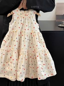 Fashionable Casual Girls Summer Dress Polka Dot Sleeveless Dress Stylish Versatile Korean Style round Neck Dress for Girls
