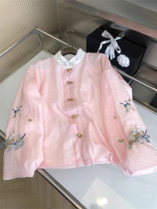 New Chinese Style Sweet Pink Stand Collar Long Sleeve Thin Shirt Female Early Spring National Style Gentle Elegant Light Easiest for Match Tops