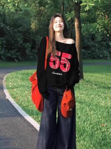 Loose Fit Long Sleeve American Retro Hot Girl Sweatshirt Womens Autumn Winter Shoulder Bared Comfortable Print Streetwear