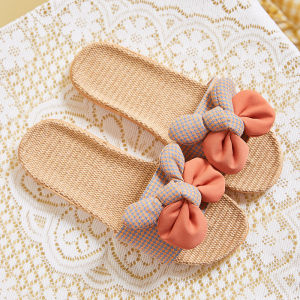 2022 K-style Houndstooth Bows Linen Slippers Womens Summer Outwear Sweat-Absorbent Non-Slip Silent Indoor Home Shoes