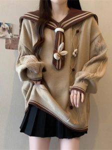 plus Size Womens College Style Navy Collar Color Block Long Sleeve Knitted Sweater Autumn Winter Loose Slimming Top