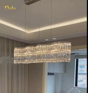 Modern Wave Shape Clear Crystal Linear Chandelier Long Hanging LED Ceiling Lamp Adjustable Pendant Light for Dining Room Cafe Small Restaurant Condo