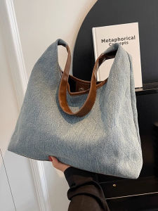 Trendy Denim Bucket Bag Large Capacity Womens Shoulder Bag Commuting Work Handbag Soft Korean Style Pure Color Tote Bag