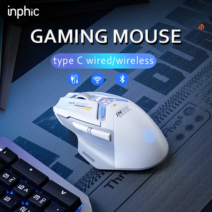 INPHIC IN9 Gaming Mouse Rechargeable 10000DPI 6 Buttons Programmable RGB Lighting Tri-mode Bluetooth Optical Mouse (type C wired/2.4GHz/Bluetooth5.0)