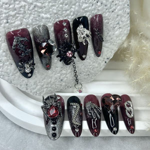 10PCS Halloween Press On Nails Oval Red Black Spider Web Glitter Luxury Fake Nails Dark Gothic Nail Art Removable Gift for Girls