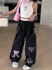 New Cargo Pants for Kids Girls 7-16years old Jogger Pants Trend Bow Cute Design Loose Pants Baggy Pants Wide Leg Trouser Candy Pant Casual Fashion Teenagers Outfit