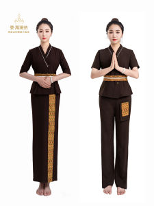 ชุดทำงานนวดไทย ผู้เชี่ยวชาญด้านการรักษาด้วยน้ำมันสปา เอวหนา กระเป๋า แขนยาว คอโปโล ผ้าโพลีเอสเตอร์ สีพื้น