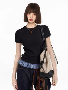 Áo Thun Tay Ngắn Màu Đen Phong Cách Mỹ Cho Nữ Mùa Hè Ôm Vừa Vặn Áo Thun Tay Lửng Lót Bên Trong Nửa Tay Áo Cổ Tròn