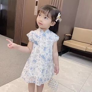 332Little DR Cheongsam Kids Girls Floral Printed Dress Chinese New Years Hanfu qipao Skirts Pink Blue 8 Years Children Baby Slim Dresses Summer Short Sleeve Princess Clothes