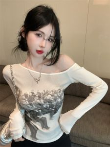 GUZILIAN | Asymmetrical Off-Shoulder Mesh Print Long Sleeve Slimming Short Top