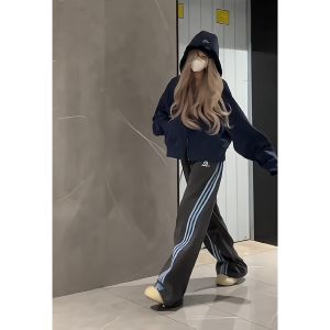 Deep Grey American Contrast Color Stripe Womens Sports Pants Autumn Trendy Vintage Hip Hop Jazz Dance Wide Leg Casual Sweatpants