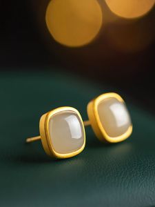 Elegant Pure Silver Ear Studs for Women Mini Square Sugar Design High-End Feelings Chinese Style Turpan Grape Seed Jade Jewelry