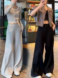กางเกงขายาวทรงตรงเอวสูงสีเทาอเมริกันสำหรับผู้หญิง กางเกงขายาวทรงตรงหลวมๆ ทรงหลวมๆ ฤดูใบไม้ผลิและฤดูใบไม้ร่วง กางเกงขายาวทรงขากว้าง