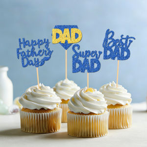 YOMDID Fathers Day Cake Decoration Supplies Glitter Happy Fathers Day Cupcake Toppers Dad Super Dad Mustache Cake Decorations