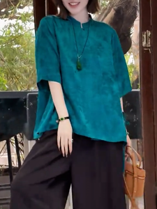 QINGNAER | Graceful Chinese Style Shirt Short Sleeve Peacock Blue