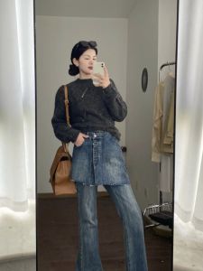 High Waist Bell Bottom Jeans Blue Spring Collection Belt Design Long Stretch Denim Pants Womens Fashion Spring 2024